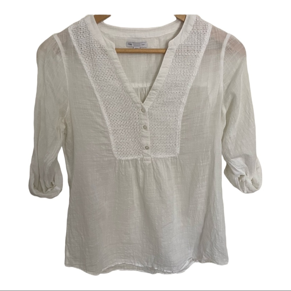Gap White Cotton Boho Top Rolled Sleeve V-Neck Shirt Size Small